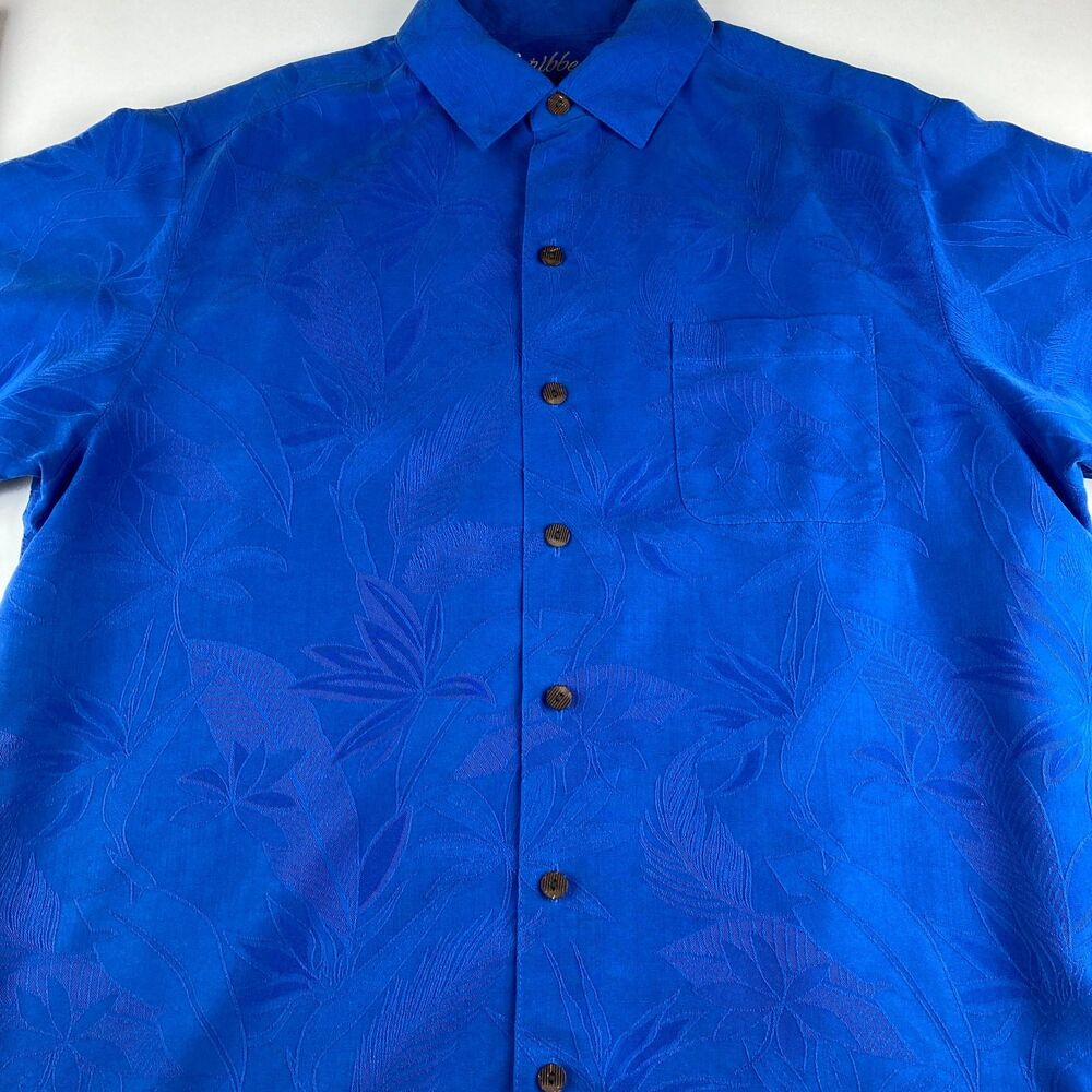 Caribbean Shirt Mens XLT Royal Blue Hawaiian Floral Camp Button Up Modal